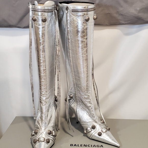 BALENCIAGA CAGOLE 90MM KNEE HIGH BOOTS IN SILVER SIZES US SZ 6 RETAIL $2,550 - Picture 13 of 14